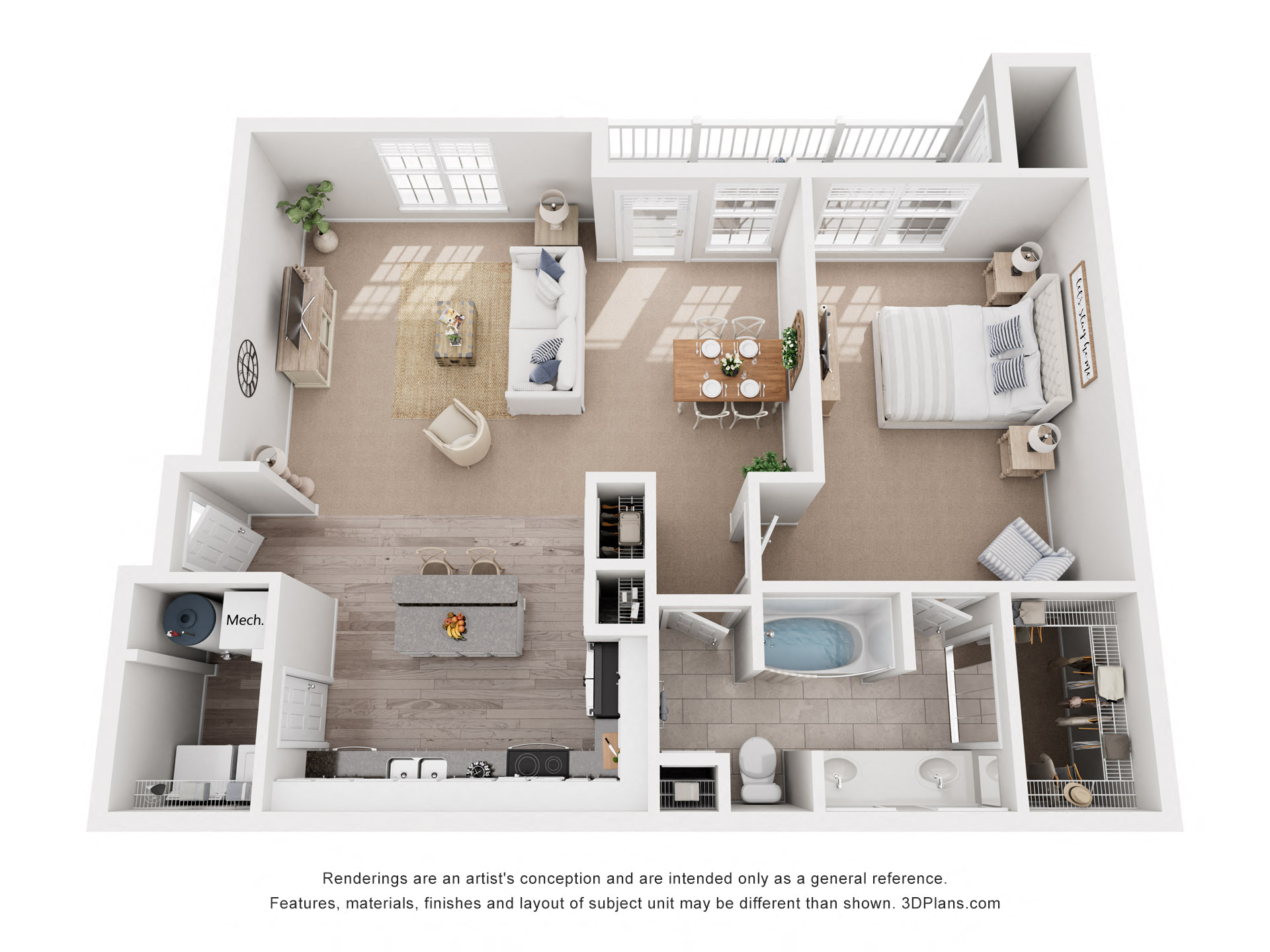 Floor plan for 1 bed, 1 bath, 939 sqft